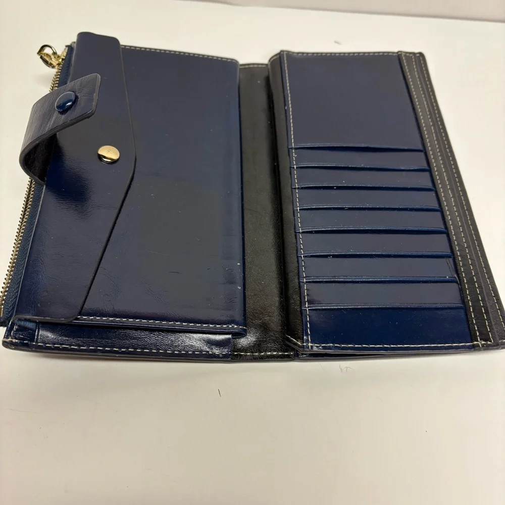 Navy Leather Wallet with Gold Zipper Clutch cardholder - Picture 4 of 10